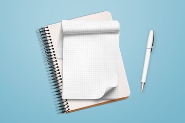 Canvas Print - Top view of blank notebook and pen on background