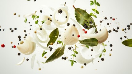 Wall Mural - 11.A dynamic food composition of bay leaves, whole garlic bulbs, onion rings, fresh green peppers, black peppercorns, and thyme captured in mid-air against a white background. The ingredients are