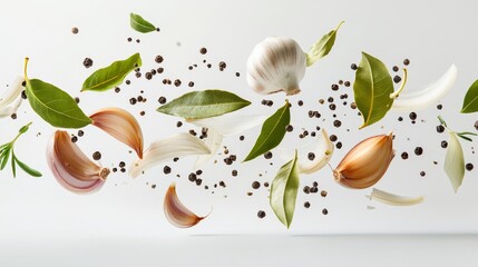 Wall Mural - 11.A dynamic food composition of bay leaves, whole garlic bulbs, onion rings, fresh green peppers, black peppercorns, and thyme captured in mid-air against a white background. The ingredients are