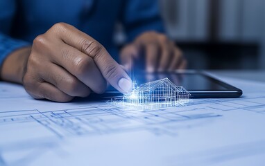 Poster - A hand interacts with a digital model overlaying architectural plans, showcasing technology's role in design and engineering.