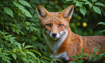 Wall Mural - a fox is standing in a forest with green leaves