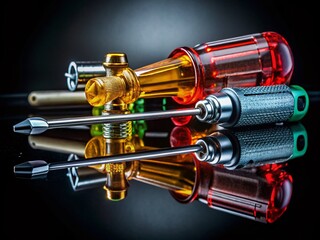Poster - Reflection of a Screwdriver on Black Glass: A Close-Up of Workshop Tools Showcasing Craftsmanship and Precision in Landscape Photography