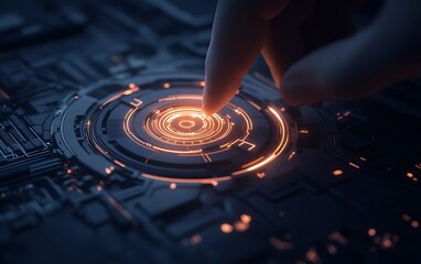 Aufkleber - A close-up of a hand touching a glowing, circular interface on a dark background, symbolizing technology and interaction.