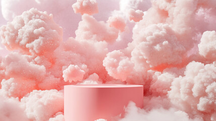 Poster - A surreal display of soft pink clouds surrounding a cylindrical pedestal in bright light