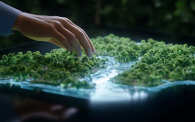 Aufkleber - A hand interacts with a miniature landscape model, showcasing vibrant greenery and water, suggesting themes of nature, environment, and innovation.