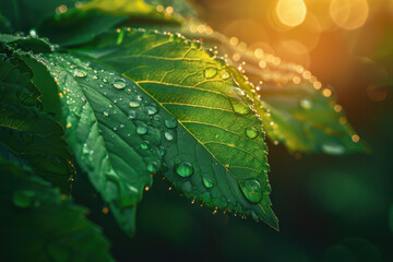 Wall Mural - Beautiful large drop morning dew in nature, selective focus. Drops of clean transparent water on leaves. Sun glare in drop