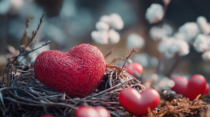 A decorative heart nestled in a natural nest among small red hearts during a serene spring afternoon