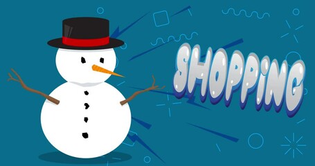 Poster - Snowman with hat, carrot and Shopping text on blue background. Video for holiday message.