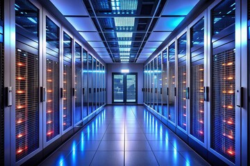 Poster - Server Room Corridor with Illuminated Data Storage Units Showcasing Modern Technology and Advanced Infrastructure in a High-Tech Environment