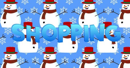 Poster - Snowman with hat, carrot and Shopping text on blue background. Video for holiday message.