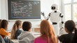 © pattozher - The Future of Education: A futuristic robot teacher stands before a classroom of attentive students, imparting knowledge and igniting curiosity in a world where technology meets learning.