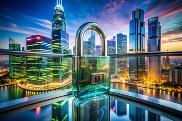 Poster - Sleek Glass Padlock with Glowing Digital Keyhole Representing Advanced Technology Security for Modern Architecture and Digital Protection Solutions