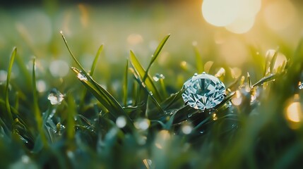 Canvas Print - A sparkling diamond rests on dew-kissed grass, illuminated by soft sunlight.