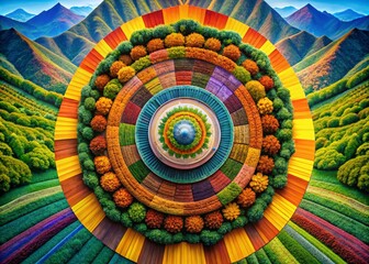 Poster - Stunning Abstract Landscape Featuring Concentric Radial Shapes in Vibrant Colors Radiating Outward, Capturing the Essence of Geometric Design in Nature's Harmony