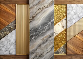 Poster - Stunning Abstract Marble and Granite Composition with Gold Wood Banners, Featuring Beautiful White, Gray, and Brown Colors on a Textured Background for Artistic Decoration