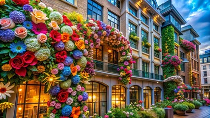 Poster - Stunning Architectural Photography Featuring 3D Flowers in a Modern Urban Landscape with Textured Surfaces and Vibrant Colors for Nature and Design Aesthetics