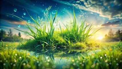 Poster - Stunning Double Exposure Photography of Lush Green Grass Blending with Abstract Nature Elements for Creative Designs and Illustrations in a Vibrant Setting
