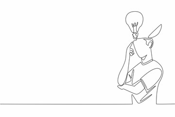 Poster - Continuous one line drawing person deep in thought with a lightbulb hovering above head. Creativity, inspiration and a brilliant idea. World Thinking Day. Single line draw design vector illustration
