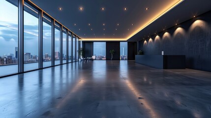 Wall Mural - modern office lobby with large windows overlooking city skyline.