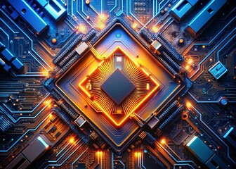 Poster - Stunning Panoramic View of a Futuristic Computer Circuit Board Featuring a Glowing Blue and Orange CPU, Perfect for Technology and Digital Innovation Concepts