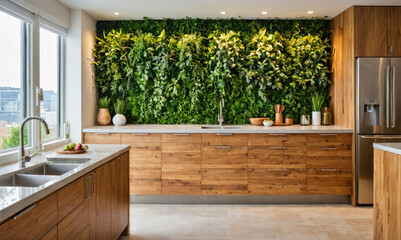 Wall Mural - A kitchen with a wall of plants and a sink