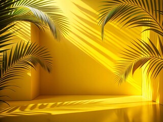Poster - Sunlit Yellow Room Backdrop with Subtle Palm Leaf Shadows Ideal for Product Mockups and Creative Photography