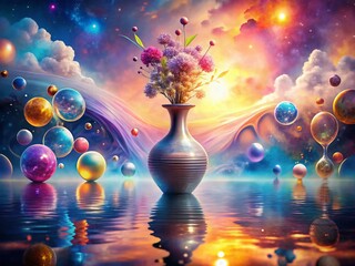 Poster - Surreal Abstract Vase Surrounded by Dreamlike Elements in an Ethereal Landscape with Vivid Colors and Fluid Forms Creating a Captivating Visual Experience