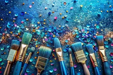 Poster - Surreal Artistic Background Featuring Blues Metallic Brushes Textured with Shimmering Confetti for an Eye-Catching Banner Design