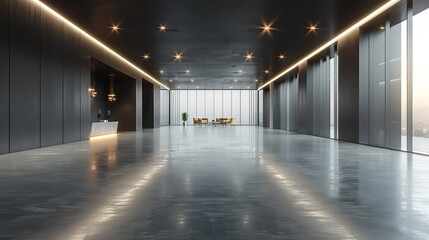 Wall Mural - modern, minimalist office lobby with sleek black walls, a white reception desk, a seating area with 