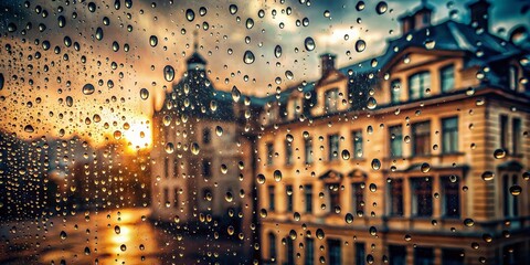 Poster - Surreal Atmosphere of Rainy Day Through Old Building Window with Water Drops, Evoking Nostalgia and Tranquility in a Dreamlike Setting