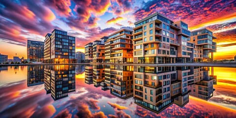 Poster - Surreal Modern Apartment Building Near City Center with Dreamlike Elements and Abstract Features in a Vivid Urban Landscape, Showcasing Unique Architectural Styles and Colors