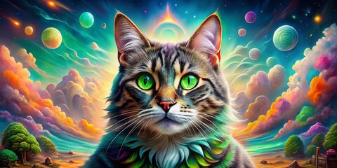 Poster - Surreal Portrait of a Feline with Distinctive Green Eyes in a Dreamlike Landscape Surrounded by Floating Elements and Vivid Colors
