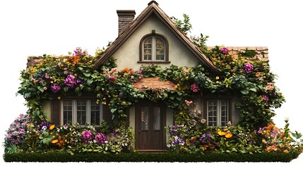 Canvas Print - A charming house adorned with vibrant flowers and greenery, showcasing a blend of nature and architecture.