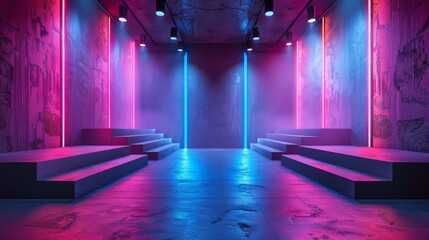 Wall Mural - neon lights illuminate a concrete room with stairs and a spotlight.