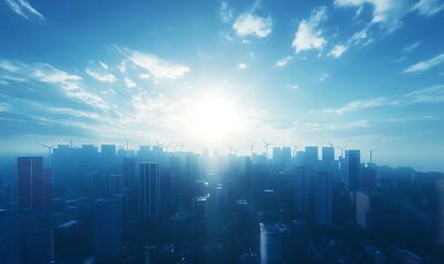 Aufkleber - A serene city skyline at sunrise, bathed in soft blue hues, with a bright sun emerging behind tall buildings under scattered clouds.