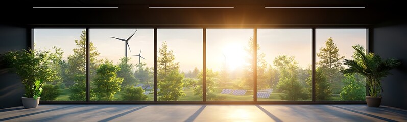 Poster - A serene interior view featuring large windows, lush greenery, and a bright sunrise filling the space with natural light.