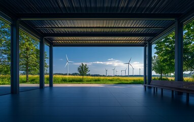Poster - A modern open structure offers a view of lush greenery and wind turbines under a clear blue sky, blending nature with architecture.