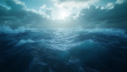 Aufkleber - A serene ocean landscape with turbulent waves reflecting sunlight under a cloudy sky, evoking a sense of tranquility and nature's grandeur.