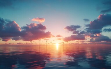 Poster - A serene sunset over calm waters, highlighting wind turbines silhouetted against a colorful sky filled with soft clouds.
