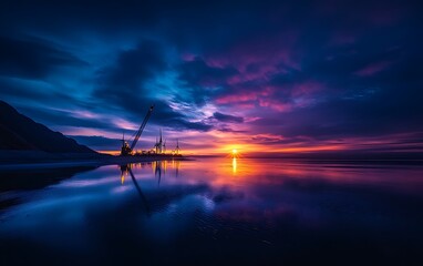 Aufkleber - A tranquil sunset reflects vibrant colors on water, framed by silhouettes of cranes against a serene landscape.