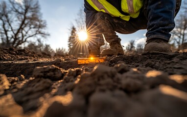 Poster - A construction worker in high-visibility gear kneels on a dirt surface at sunrise, highlighting the beginning of a new project in an outdoor setting.