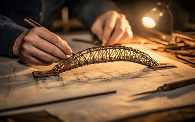 Aufkleber - A model bridge is crafted on a blueprint, highlighting intricate details and precision in engineering and design.