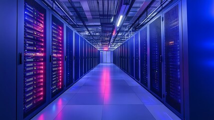 Poster - A corridor in a modern data center filled with servers, illuminated by blue and purple lights.