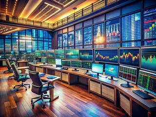 Wall Mural - Vintage Style Photography of Stock Market Data Analysis in a Monitoring Room with Forex Trading Graphs and Financial Investment Charts