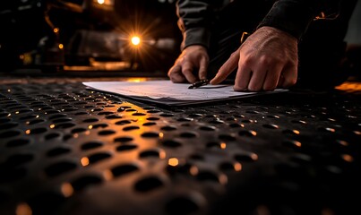 Poster - A person is working with paper on a textured metal surface, surrounded by warm lighting, suggesting an industrial or workshop setting.