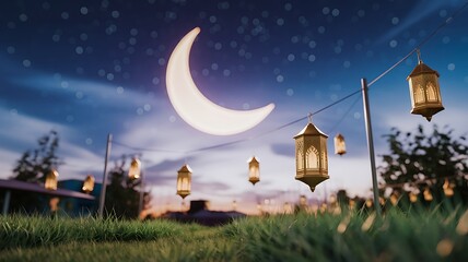  Crescent Moon and Glowing Lanterns Hanging Above Grass