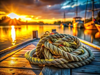 Poster - Worn Ropes Intertwined on a Waterfront Dock at Sunset, Showcasing Textures and Colors of Maritime Tools in a Golden Light Bokeh Effect