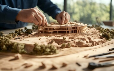Poster - A person is meticulously assembling a detailed architectural model, showcasing craftsmanship and creativity in a serene setting.