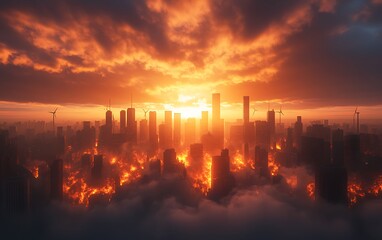 Aufkleber - A dramatic sunset illuminates a burning city skyline, with clouds and smoke enveloping the landscape, creating a striking contrast between light and darkness.
