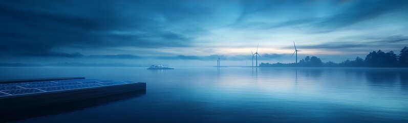 Aufkleber - A serene twilight scene featuring a calm body of water, illuminated by blue lights, with a dramatic sky transitioning from day to night.